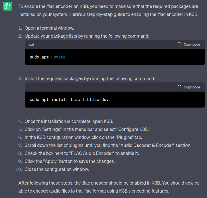 ChatGPT instructions for enabling the FLAC encoder in K3B