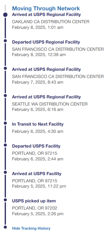 a USPS shipping tracker for a shipment that goes to seattle: it starts in portland, gets to seattle, and then is scanned in san francisco, and oakland, california...?